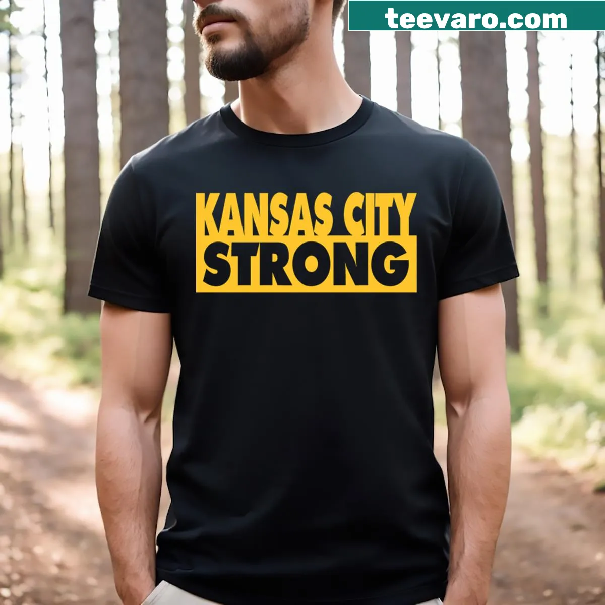 Kansas City Strong t-shirt with bold lettering design — on a men's t-shirt