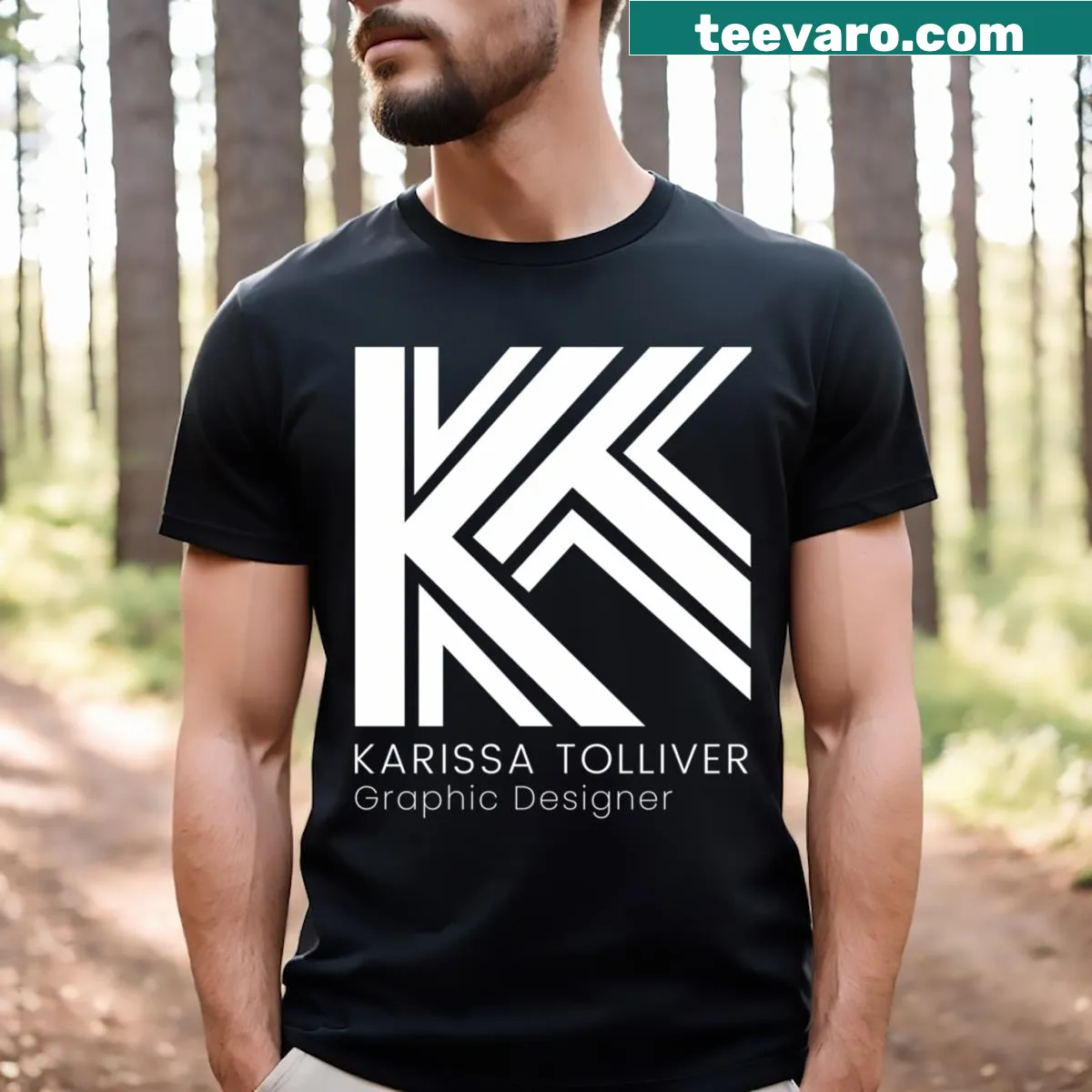 Karissa's Logo white t-shirt with simple logo design — on a men's t-shirt