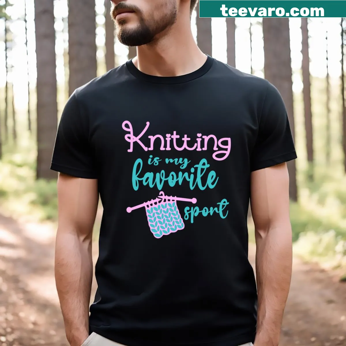 Humorous T-shirt with 'Knitting Is My Favorite Sport' text — on a men's t-shirt