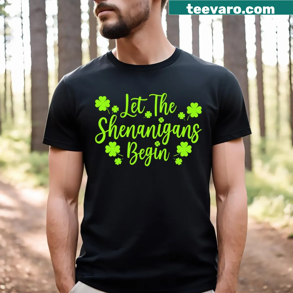 Funny St. Patrick's Day t-shirt with the text 'Let The Shenanigans Begin' — on a men's t-shirt