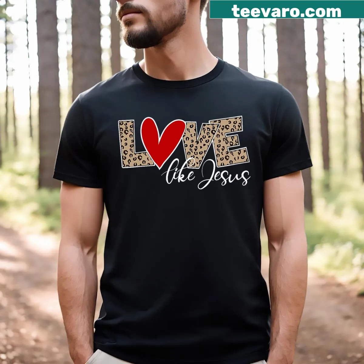 Christian Valentine's Day t-shirt with leopard print heart and inspirational message — on a men's t-shirt