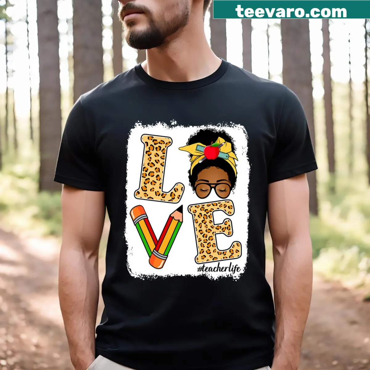 Teacher life t-shirt featuring a woman with a messy bun for educators — on a men's t-shirt