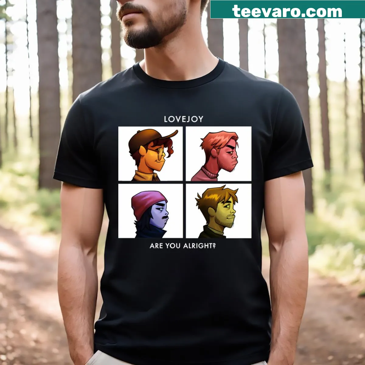 Vintage-style Lovejoy band t-shirt with sticker-inspired graphic — on a men's t-shirt