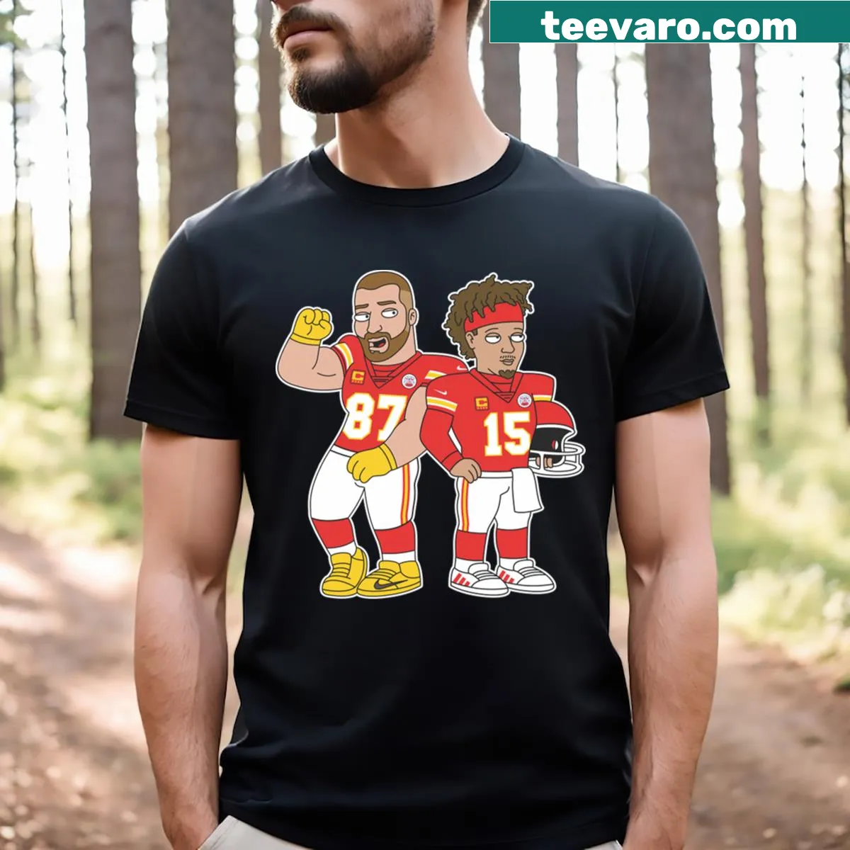 Illustration of Mahomes and Kelce on a sports-themed t-shirt. — on a men's t-shirt