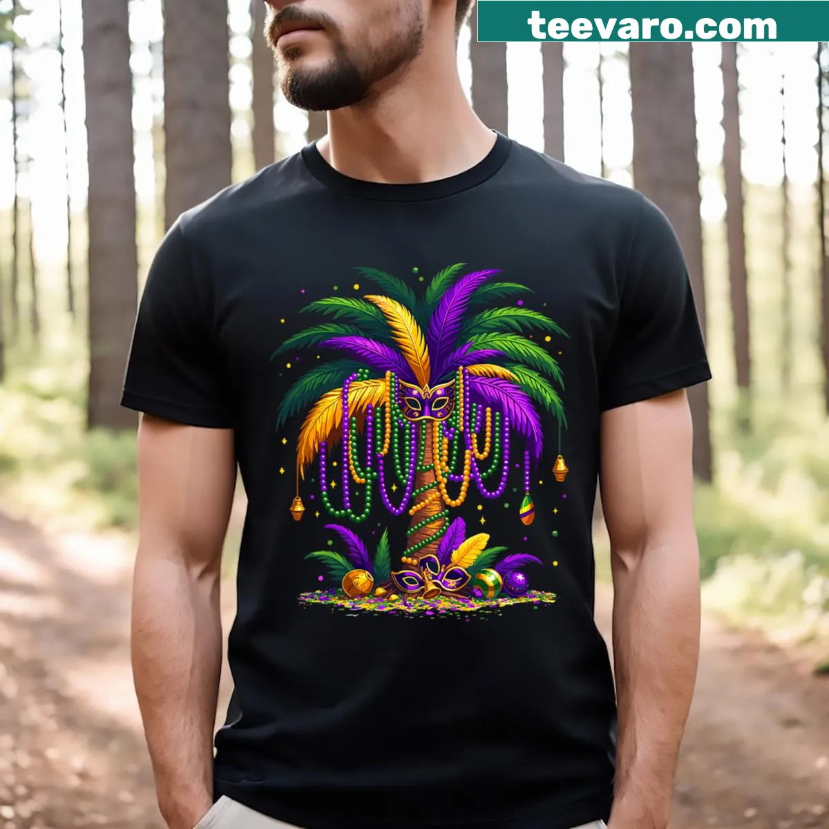 Tropical palm tree graphic T-shirt for Mardi Gras — on a men's t-shirt