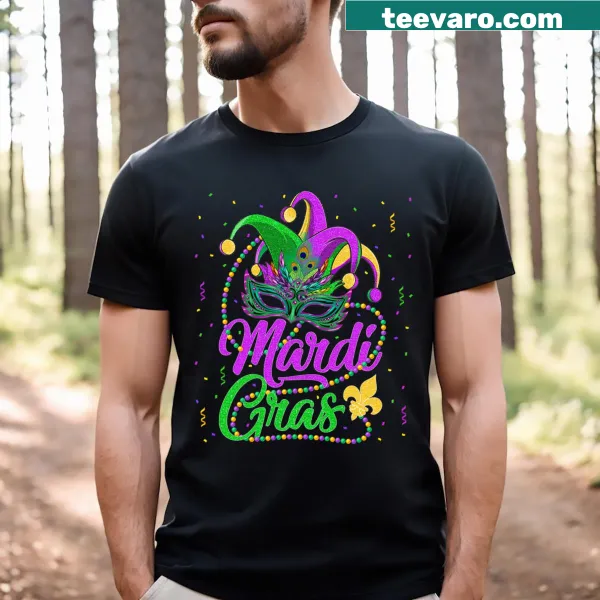 Mardi Gras design with beads and masks on a T-shirt