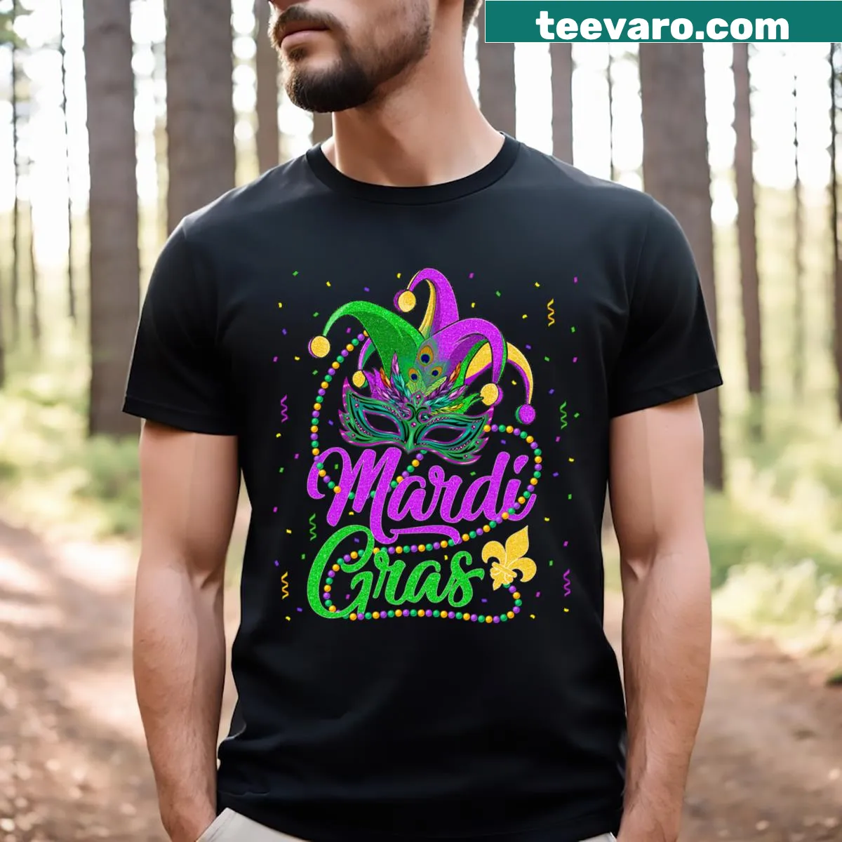 Mardi Gras design with beads and masks on a T-shirt — on a men's t-shirt
