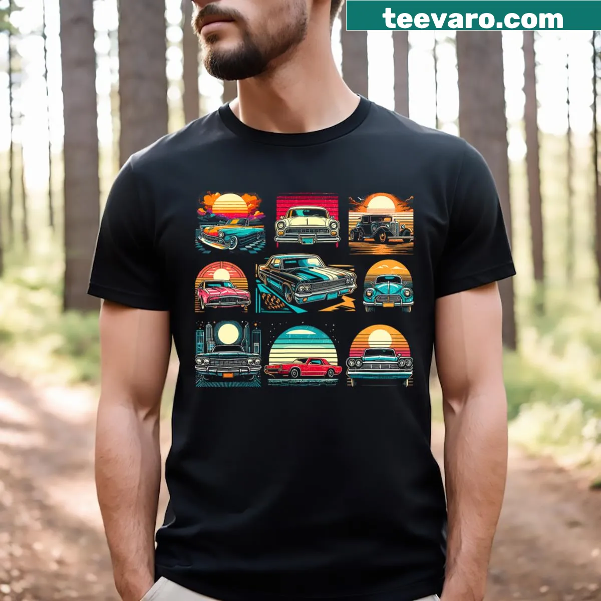 Vintage-style t-shirt featuring retro cars from the 70s and 80s — on a men's t-shirt