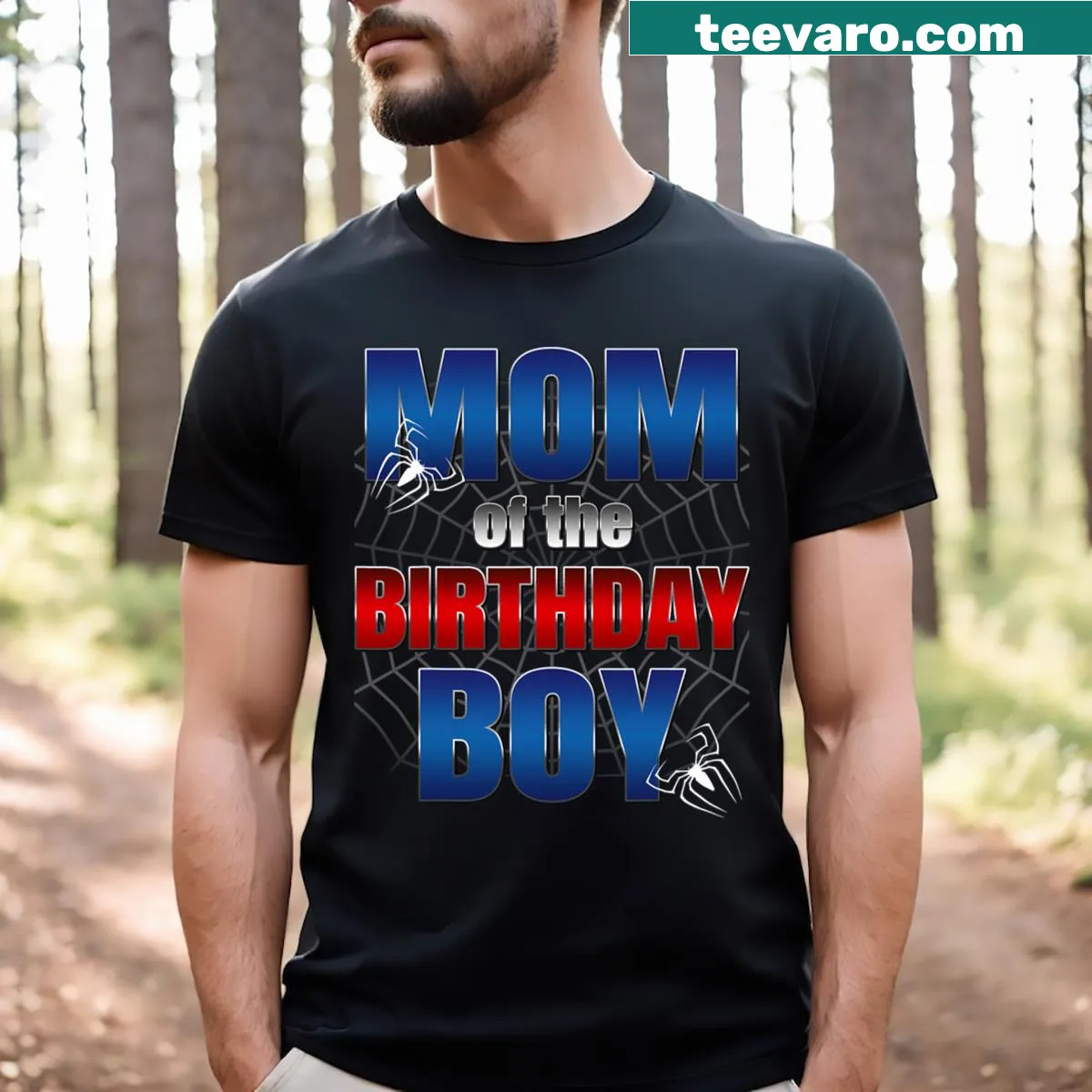 Spider web-themed birthday boy mom t-shirt — on a men's t-shirt