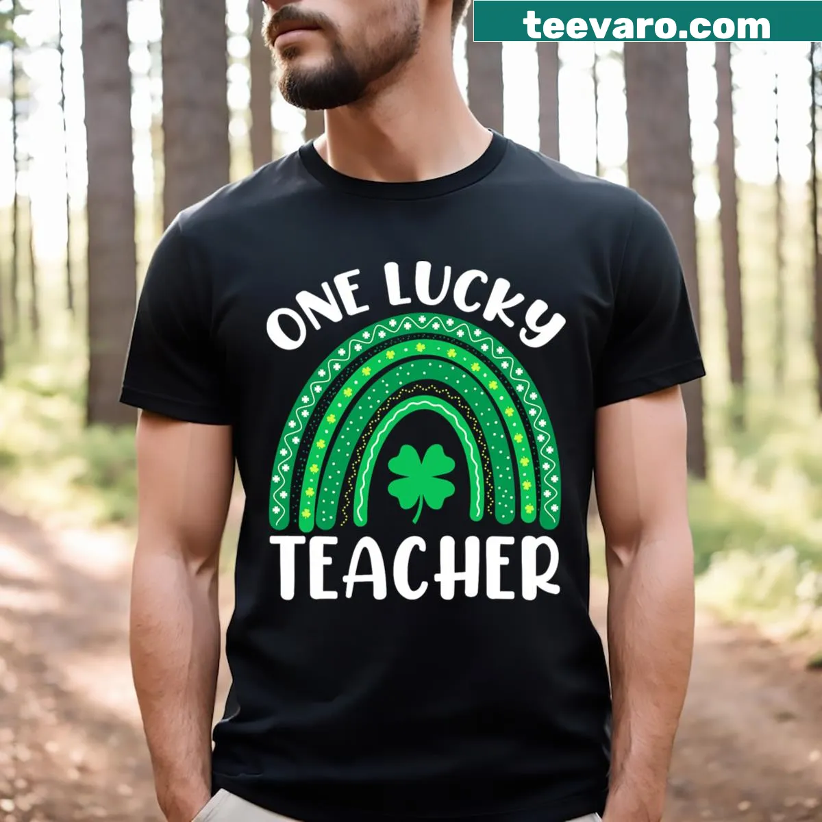 Cute St. Patrick's Day T-shirt for teachers with a rainbow and shamrock design — on a men's t-shirt