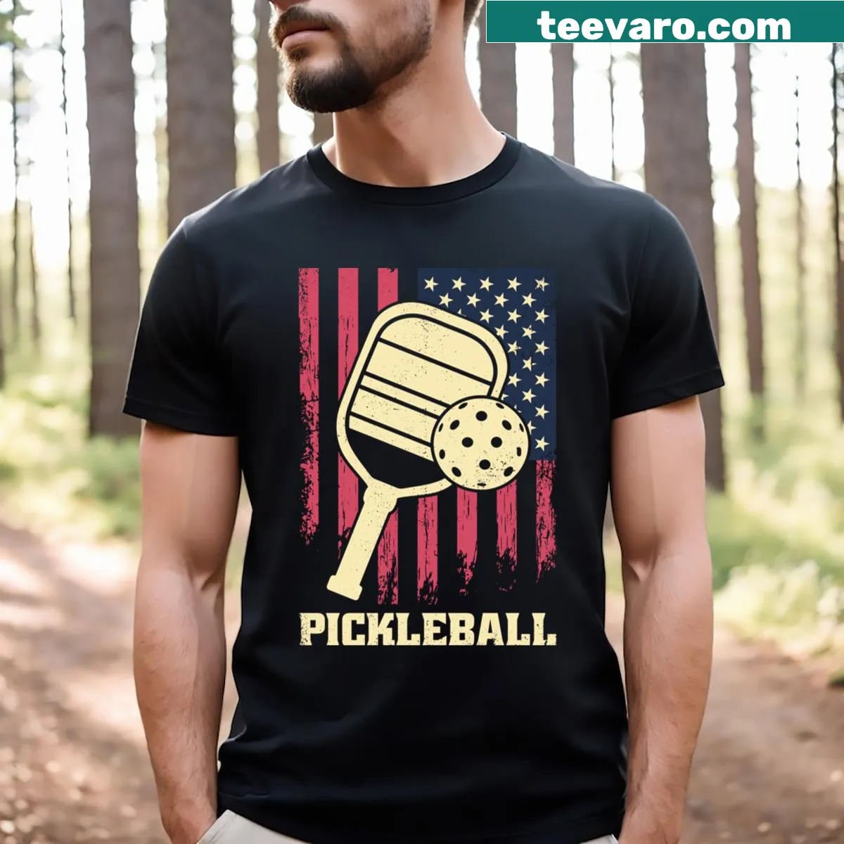 Patriotic-themed pickleball graphic on a T-shirt — on a men's t-shirt