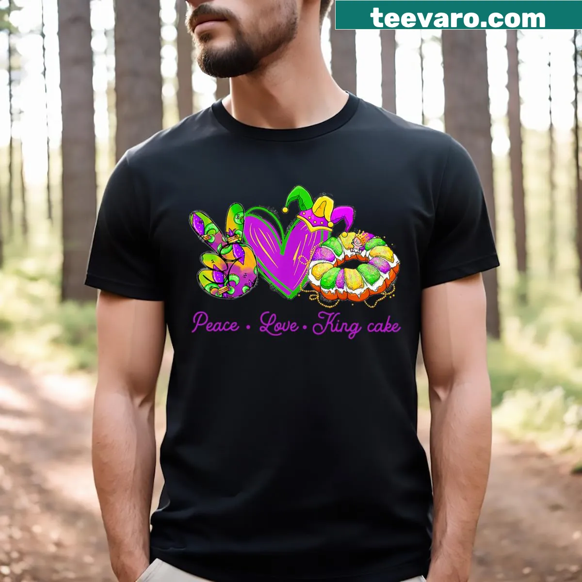 Mardi Gras themed shirt with king cake graphic and text — on a men's t-shirt