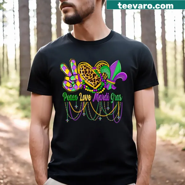 Festive Mardi Gras T-shirt with peace and love typography