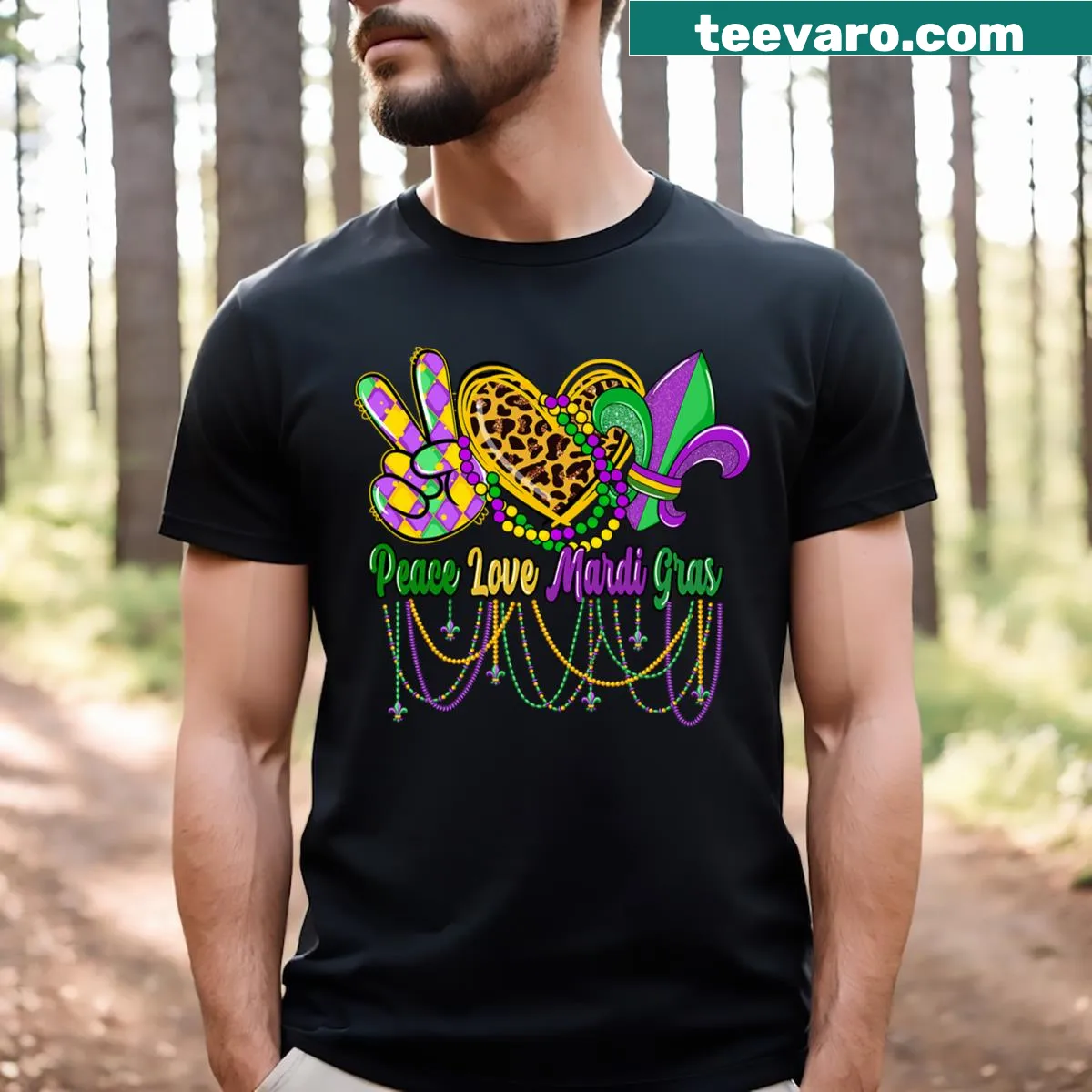 Festive Mardi Gras T-shirt with peace and love typography — on a men's t-shirt