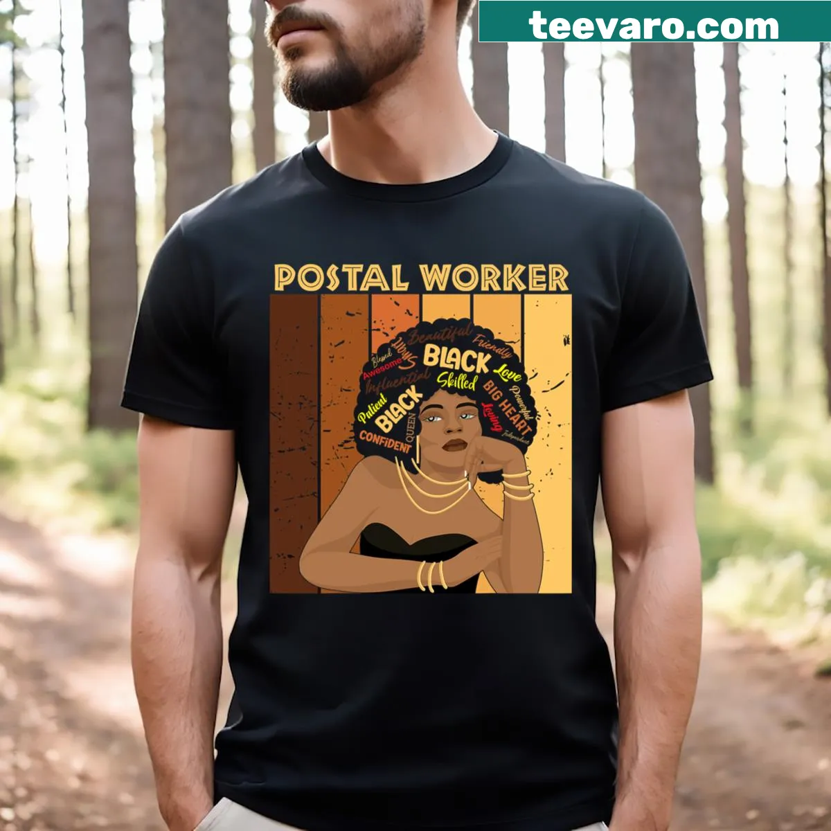 Illustrated postal worker t-shirt celebrating Black History Month — on a men's t-shirt