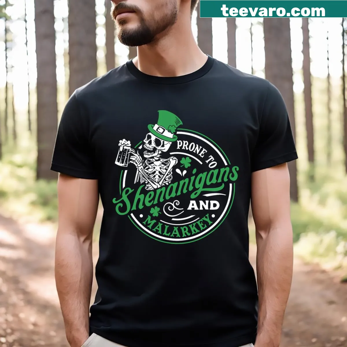 Funny St. Patrick's Day T-shirt with shenanigans text — on a men's t-shirt