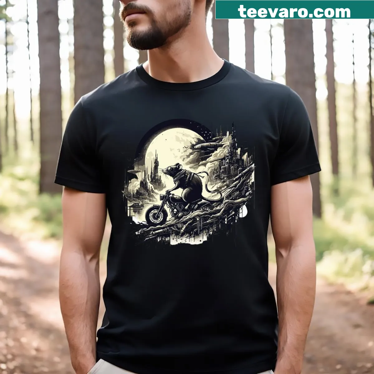 Post-apocalyptic rat on motorcycle graphic T-shirt — on a men's t-shirt