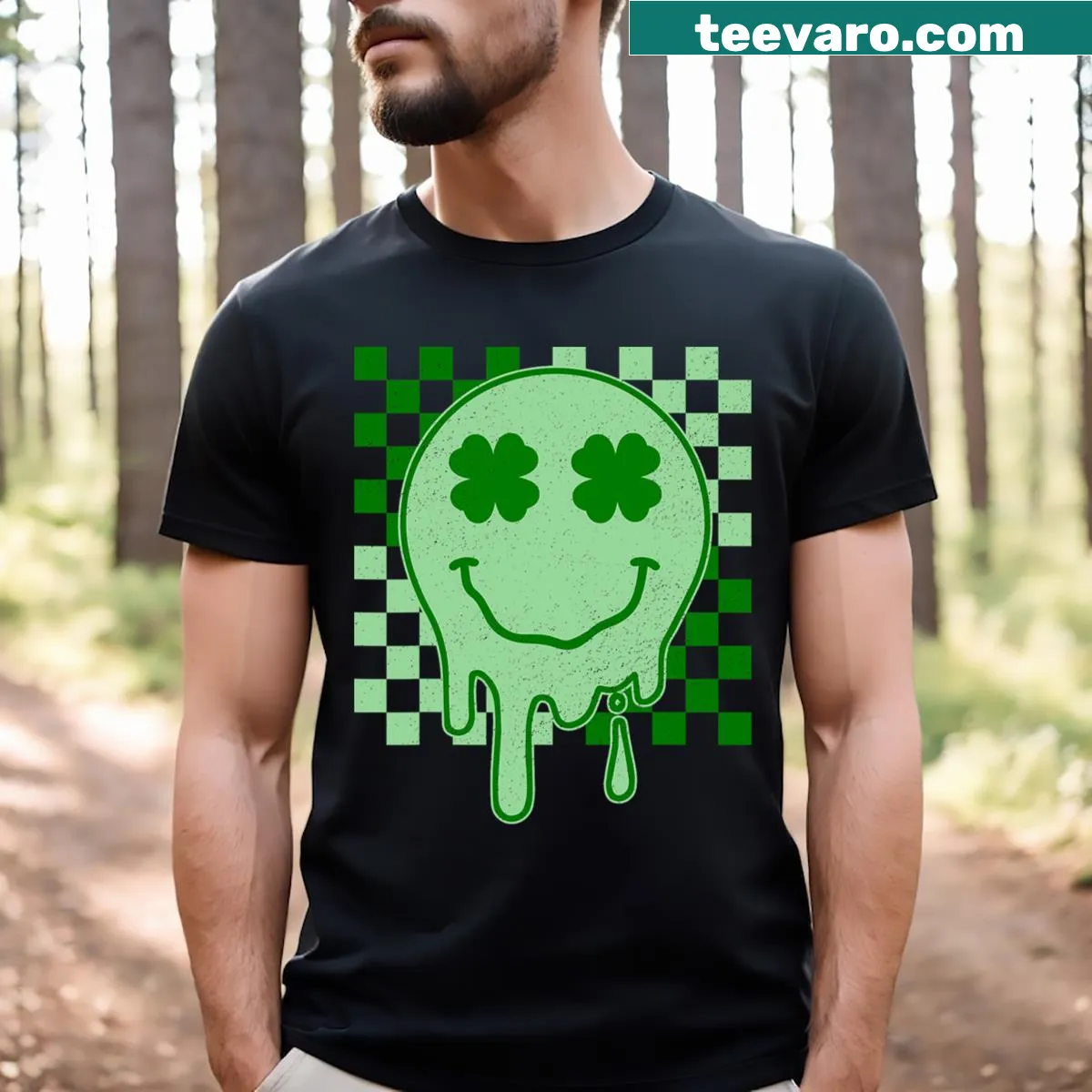 Retro St. Patrick's Day T-shirt with a smiley face and shamrocks — on a men's t-shirt