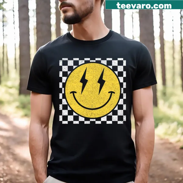 Distressed checkered pattern T-shirt with a retro happy face