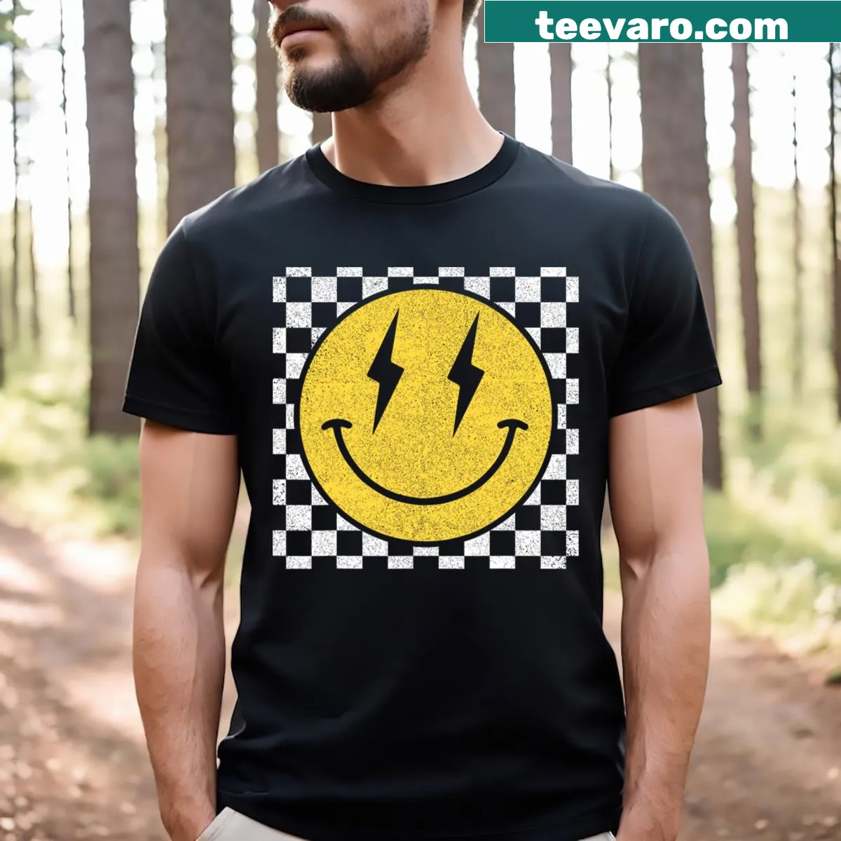 Distressed checkered pattern T-shirt with a retro happy face — on a men's t-shirt