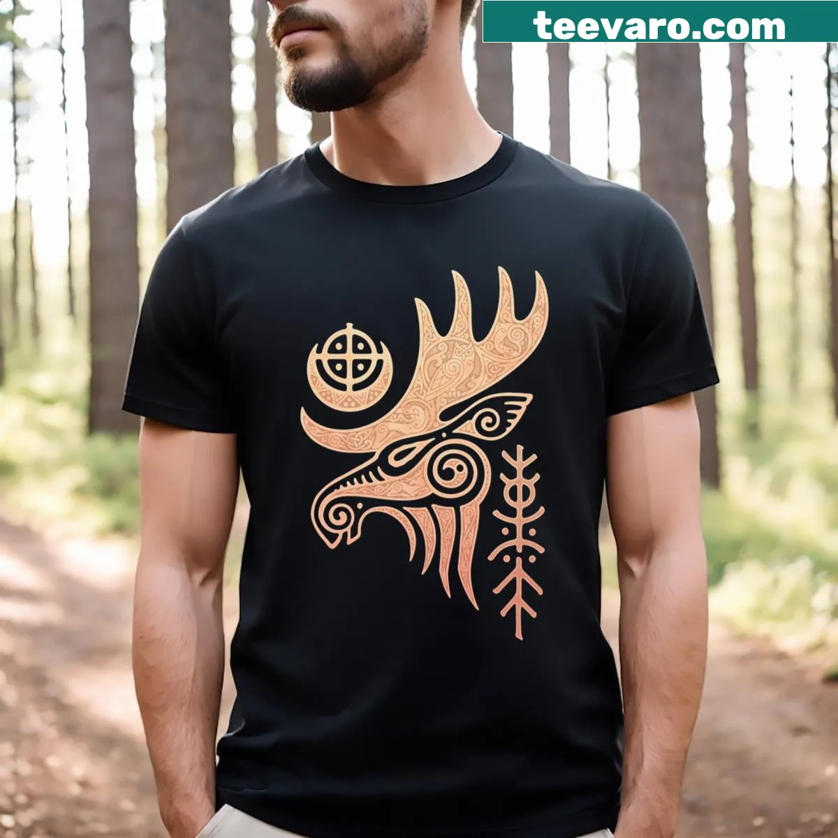 Elk graphic T-shirt embodying a shamanic theme with nature elements — on a men's t-shirt