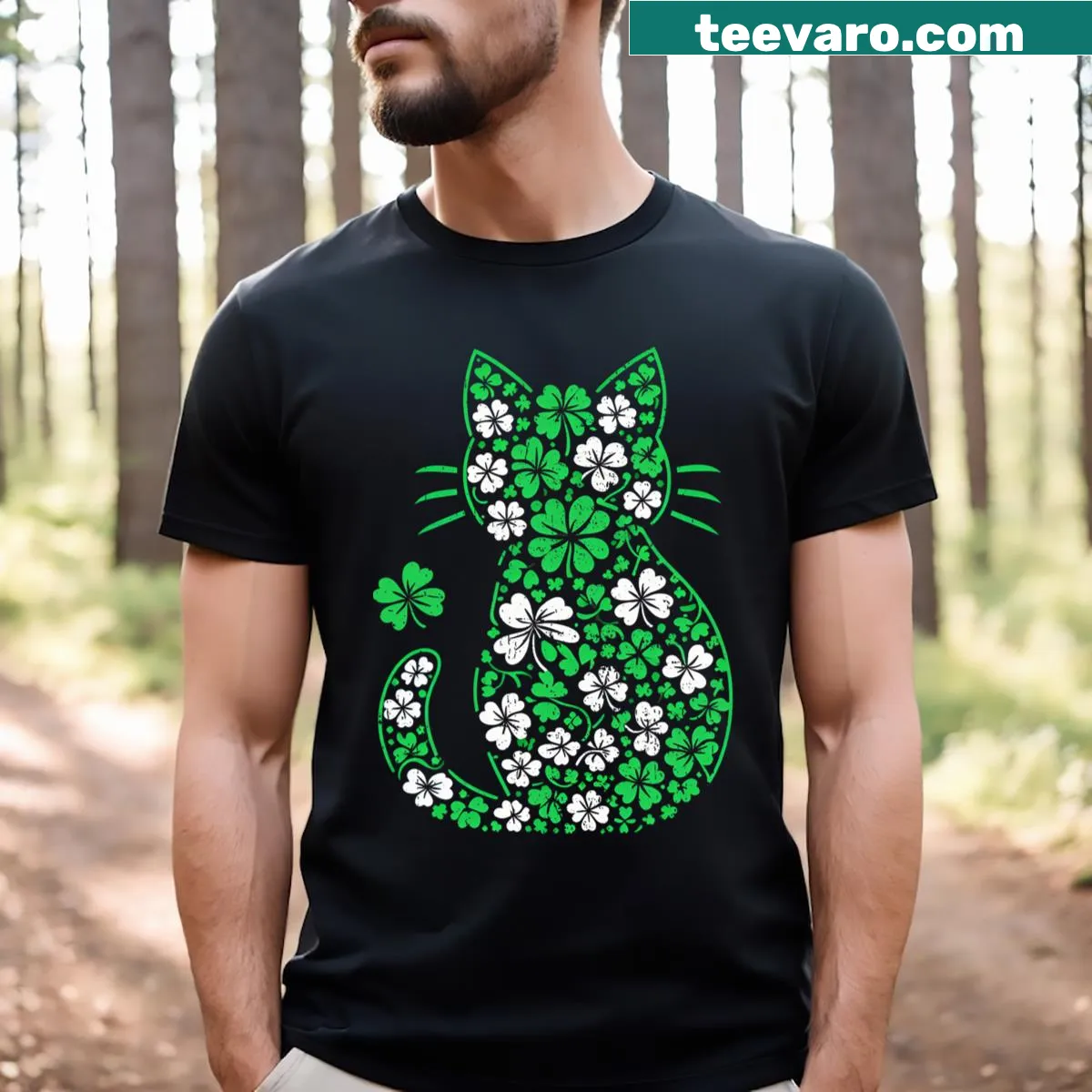 Cartoon cat with shamrock graphic for St. Patrick's Day — on a men's t-shirt