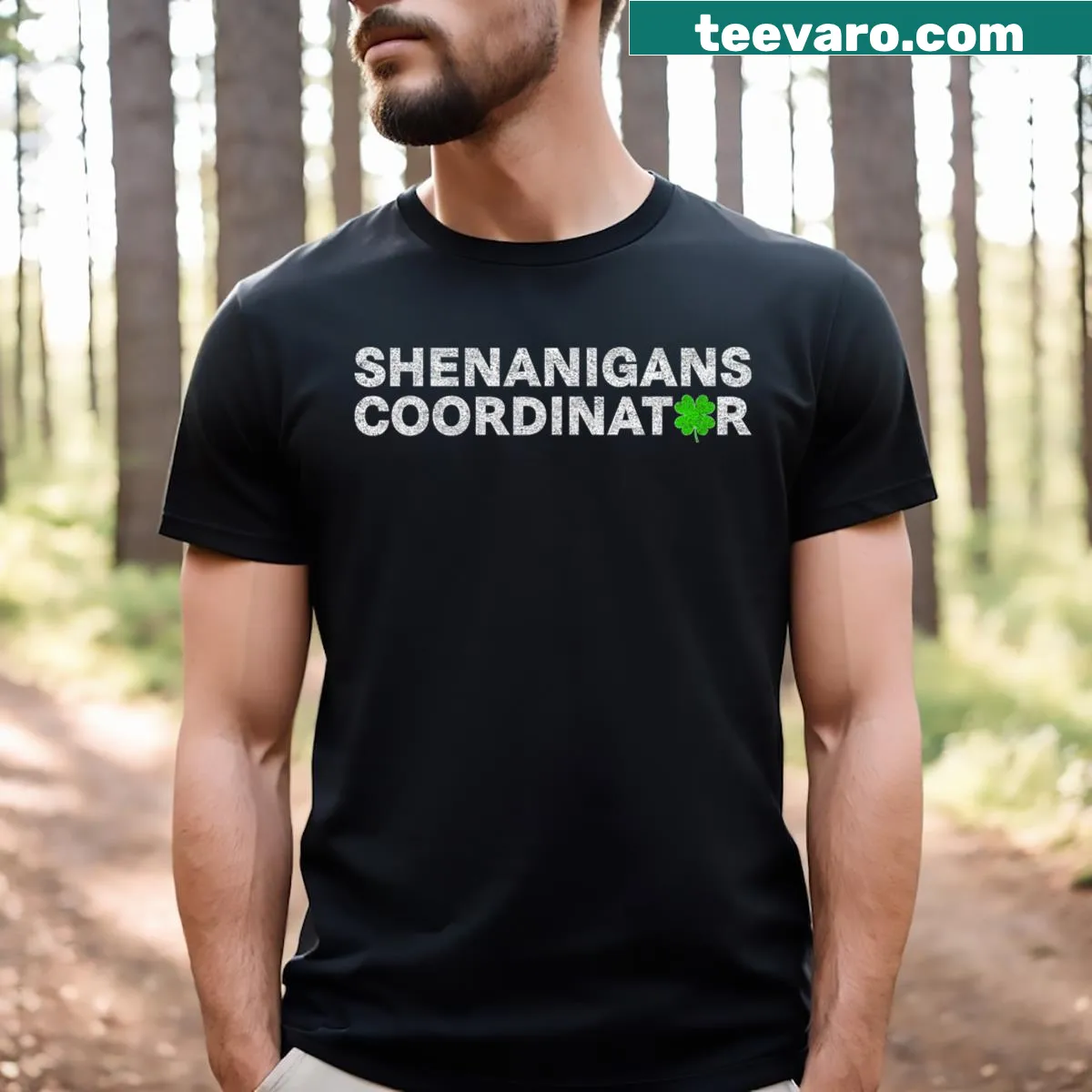 Funny t-shirt for St. Patrick's Day with 'Shenanigans Coordinator' text — on a men's t-shirt