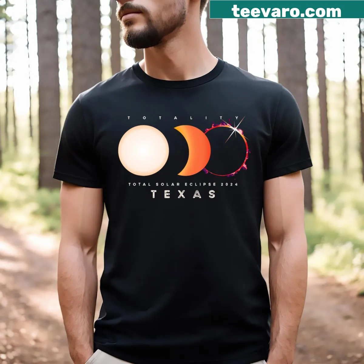 Graphic t-shirt featuring a solar eclipse illustration for 2024 — on a men's t-shirt