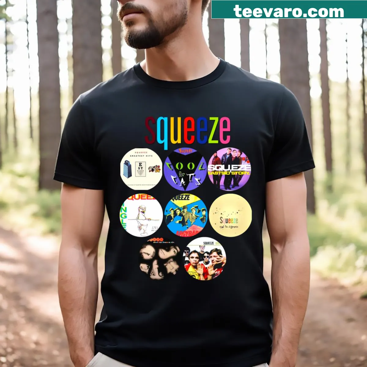 Squeeze Band Essential Sticker t-shirt with tribute design — on a men's t-shirt