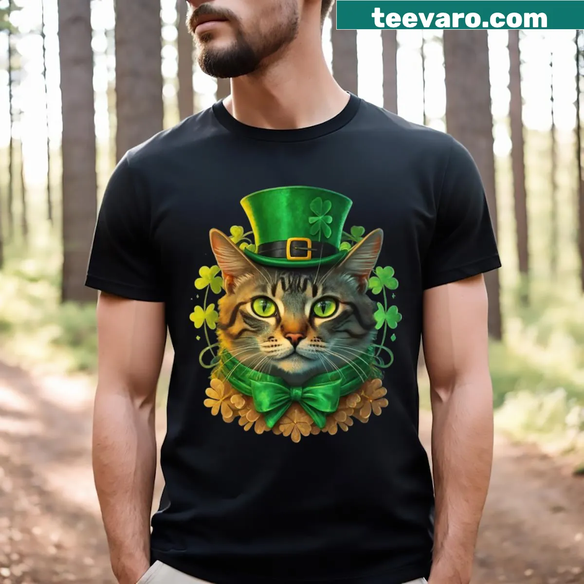 Playful t-shirt with cat and shamrock design for St. Patrick's Day — on a men's t-shirt