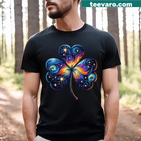 Art-inspired t-shirt featuring Van Gogh's starry night with clovers