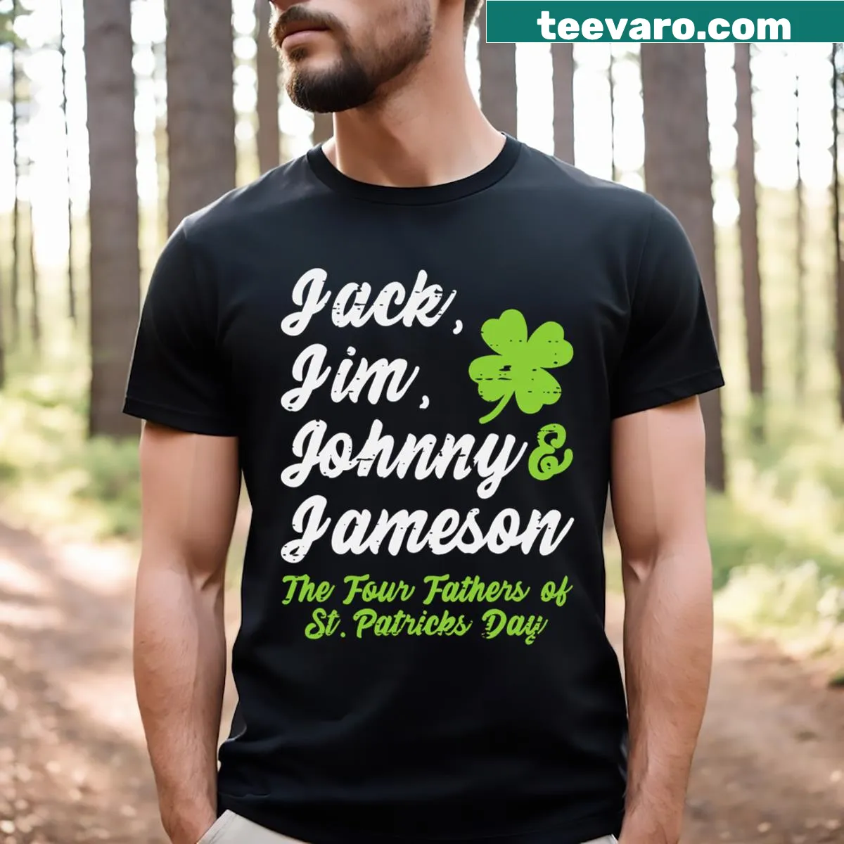 Humorous t-shirt featuring names related to St. Patrick's Day drinks — on a men's t-shirt