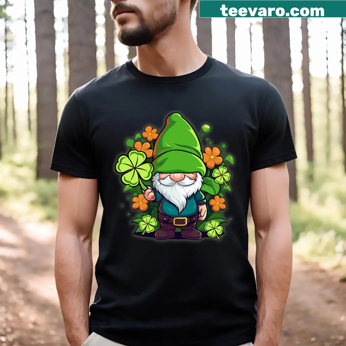 Whimsical t-shirt featuring gnomes in festive outfits and shamrocks — on a men's t-shirt