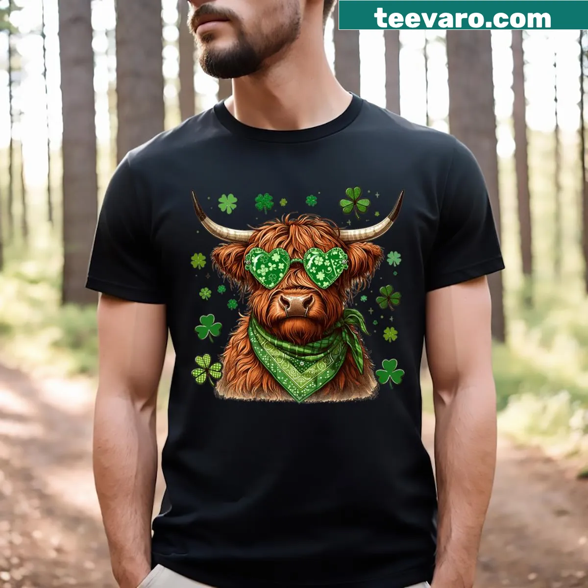 Cute St. Patrick's Day t-shirt featuring a Highland Cow with shamrocks — on a men's t-shirt