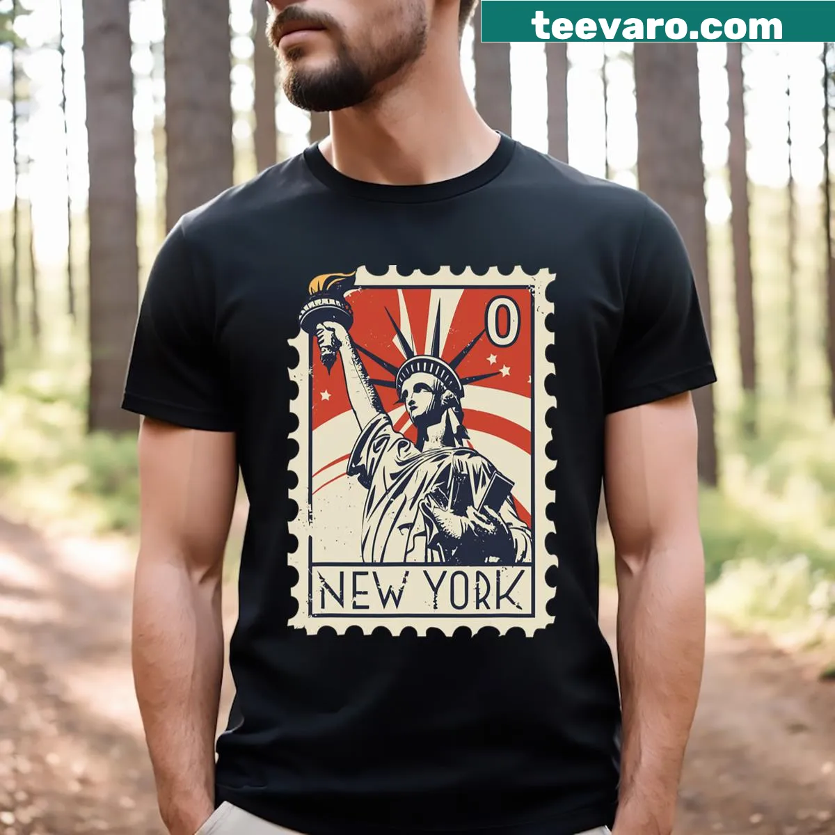 Vintage Statue of Liberty stamp design t-shirt — on a men's t-shirt