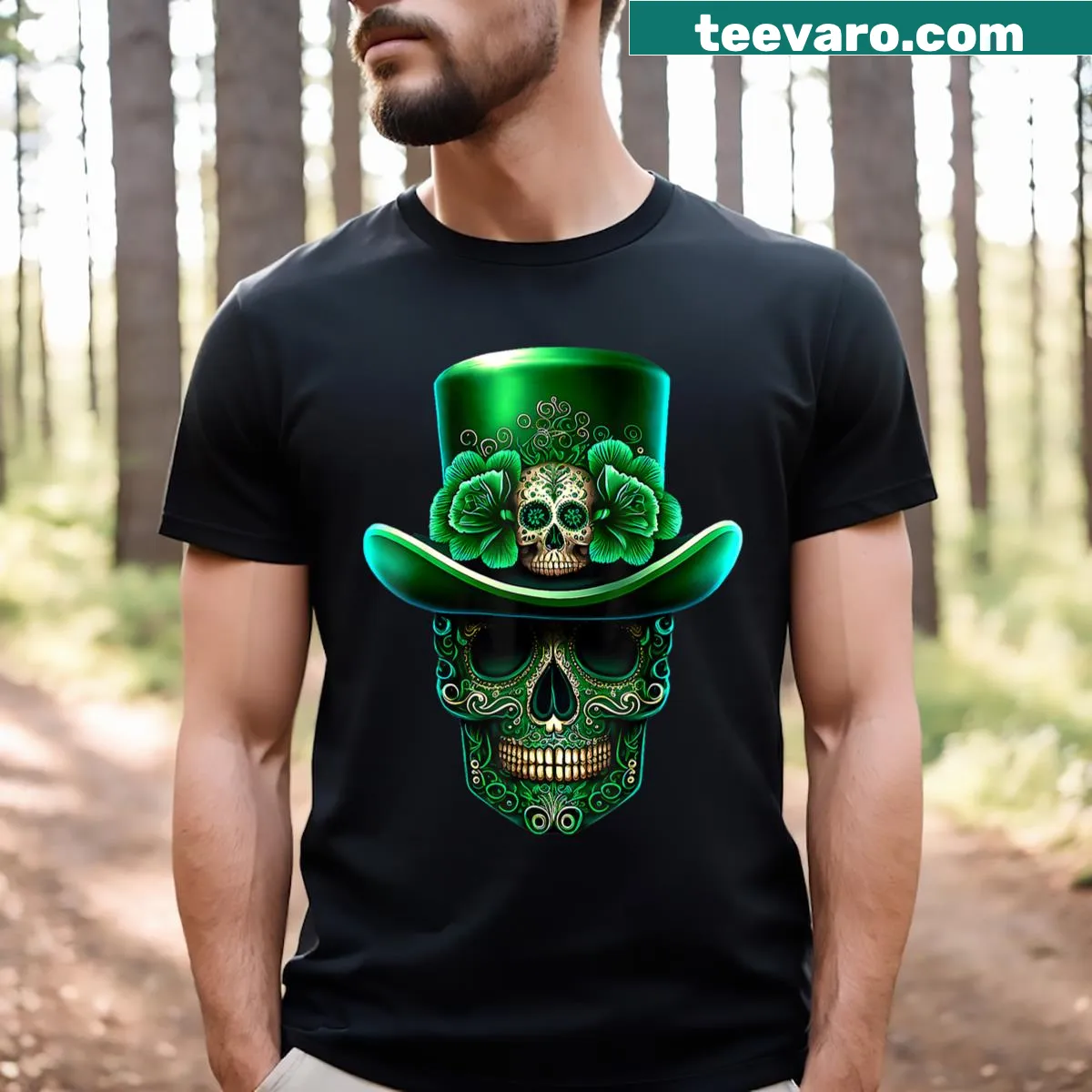 Whimsical leprechaun sugar skull graphic on a t-shirt — on a men's t-shirt
