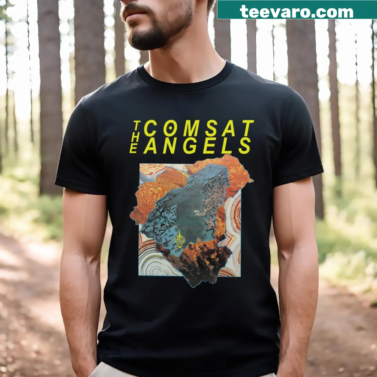 Retro Comsat Angels design on an essential t-shirt celebrating 80s music — on a men's t-shirt