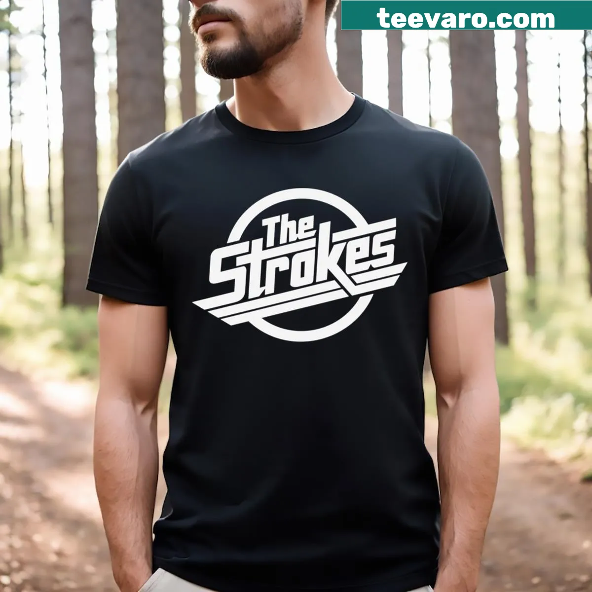 The Strokes logo on essential t-shirt — on a men's t-shirt