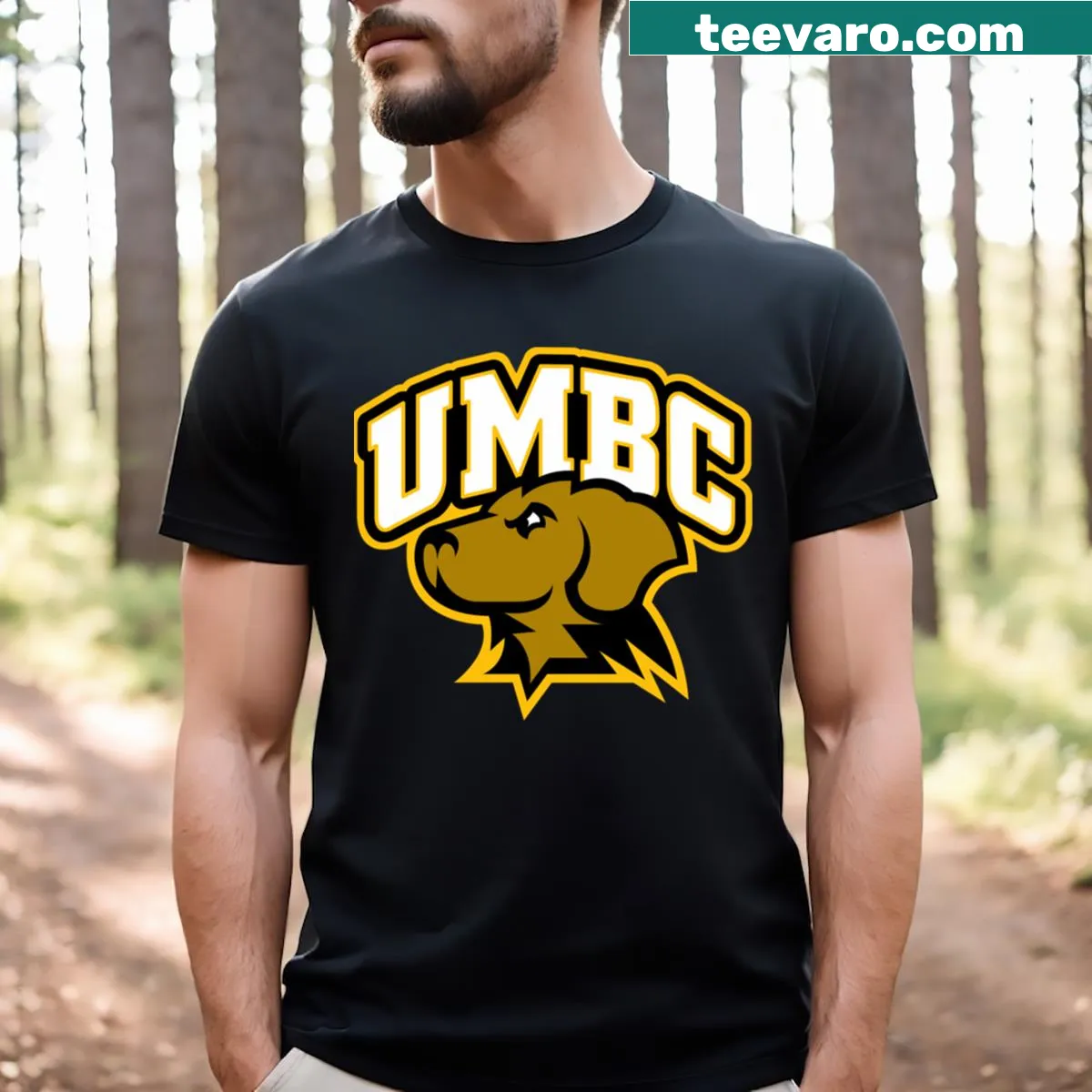 Essential T-shirt featuring the UMBC logo — on a men's t-shirt