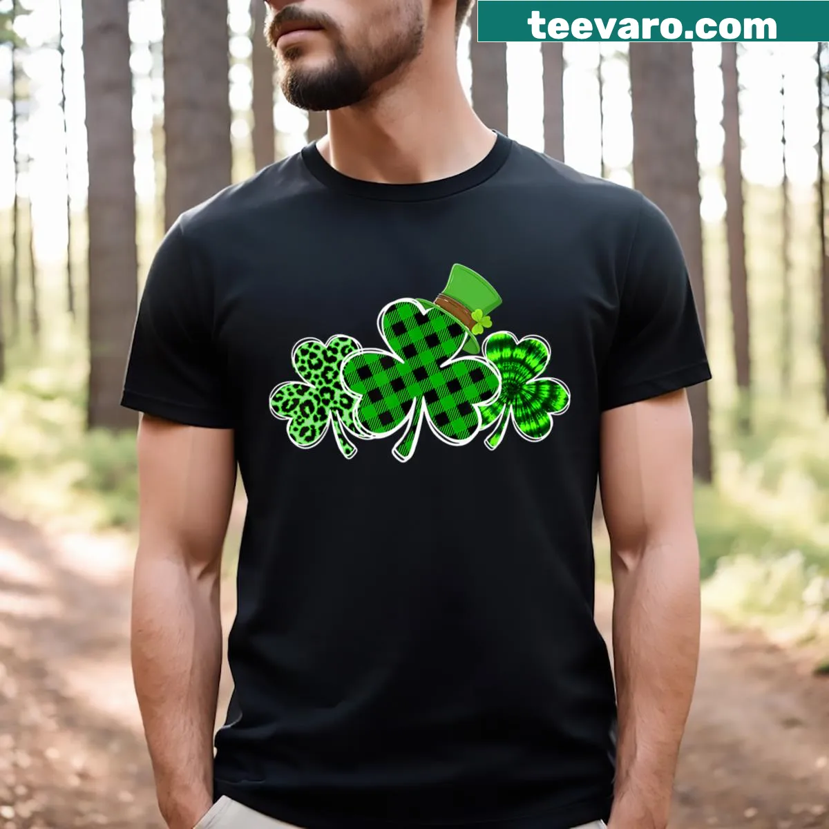 Playful St. Patrick's Day T-shirt with leopard and plaid shamrocks — on a men's t-shirt