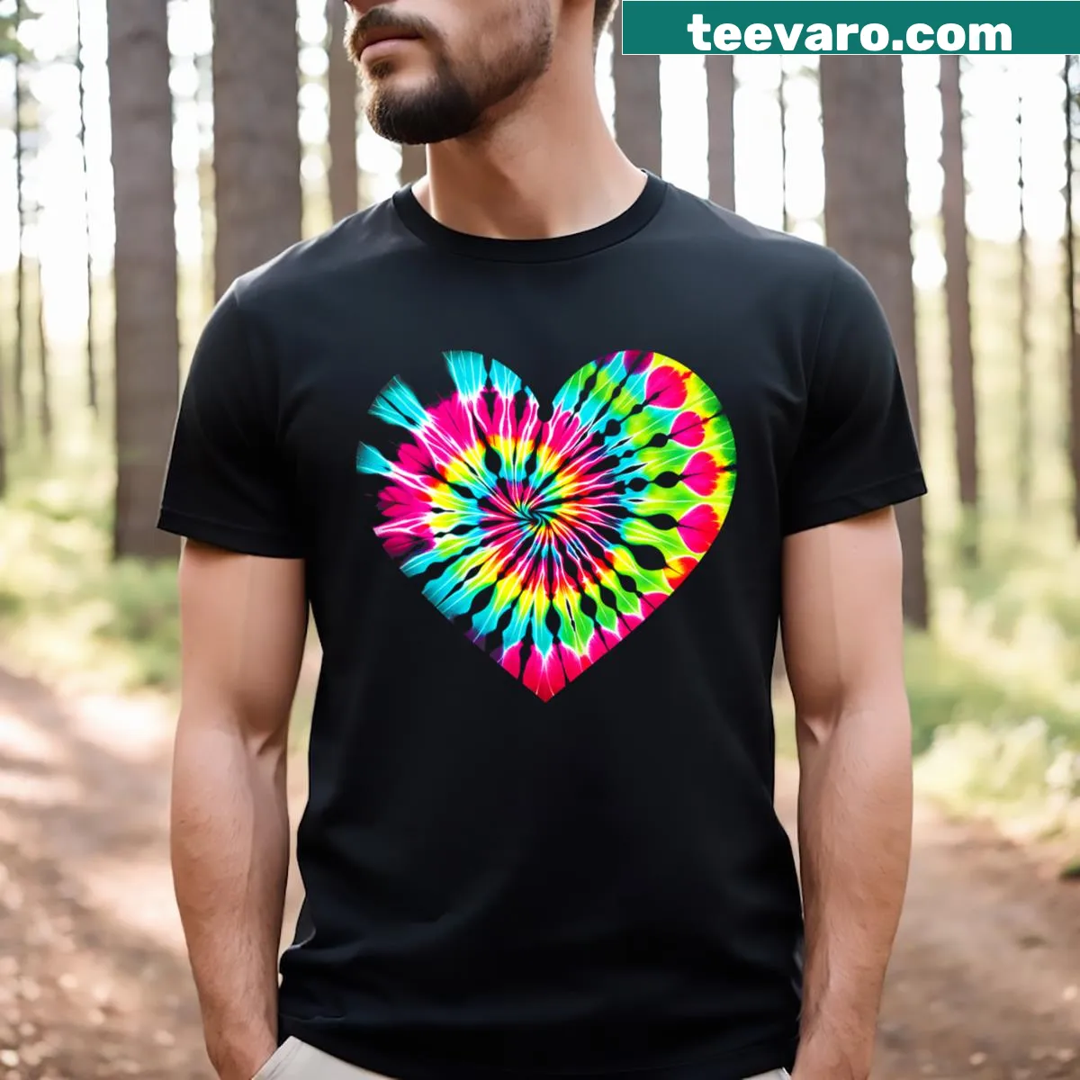 Cute Valentine's Day T-shirt with tie-dye heart design — on a men's t-shirt