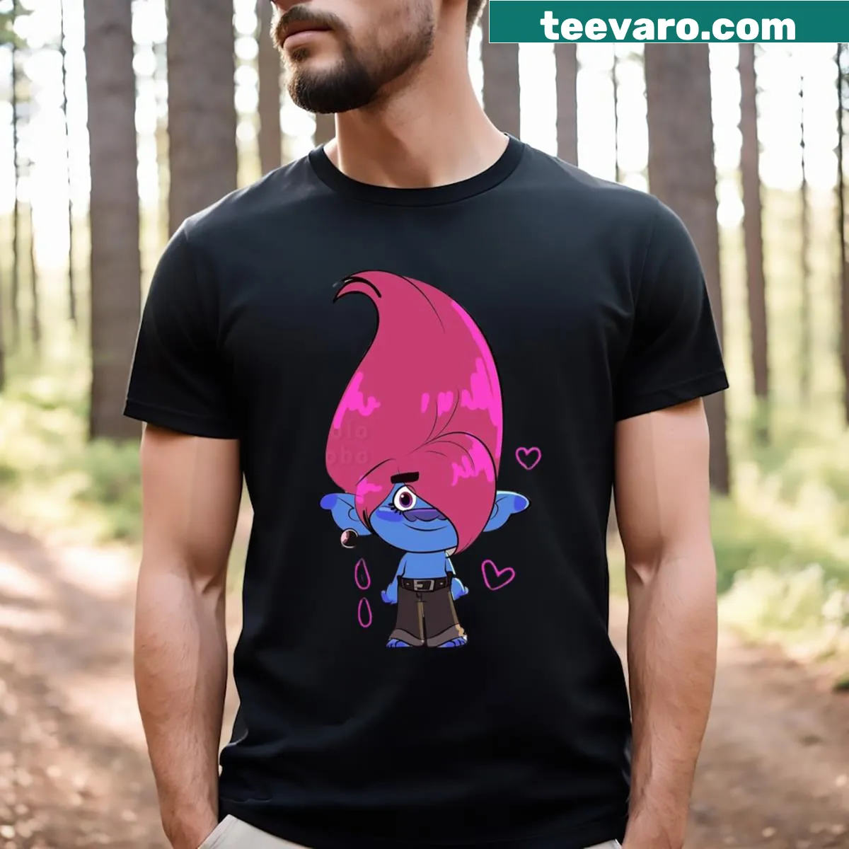Cartoon t-shirt featuring Brozone family from Trolls — on a men's t-shirt