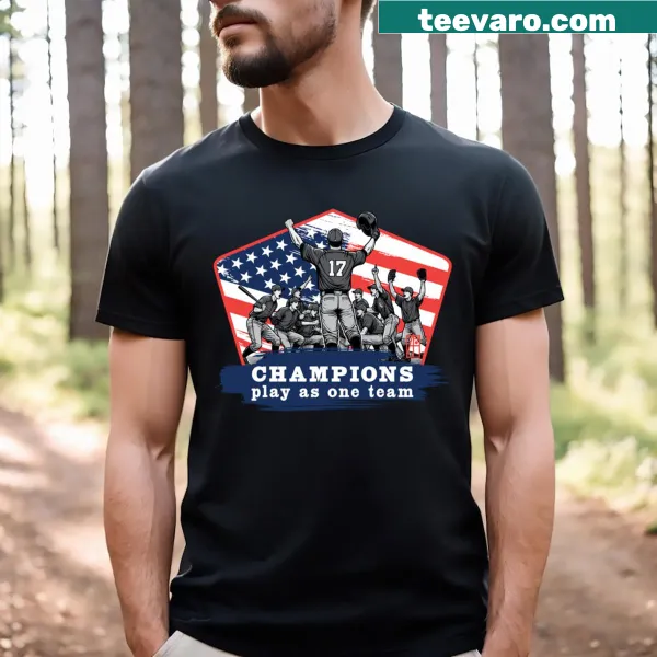 Baseball T-shirt with 'Champions Play As One Team' text.