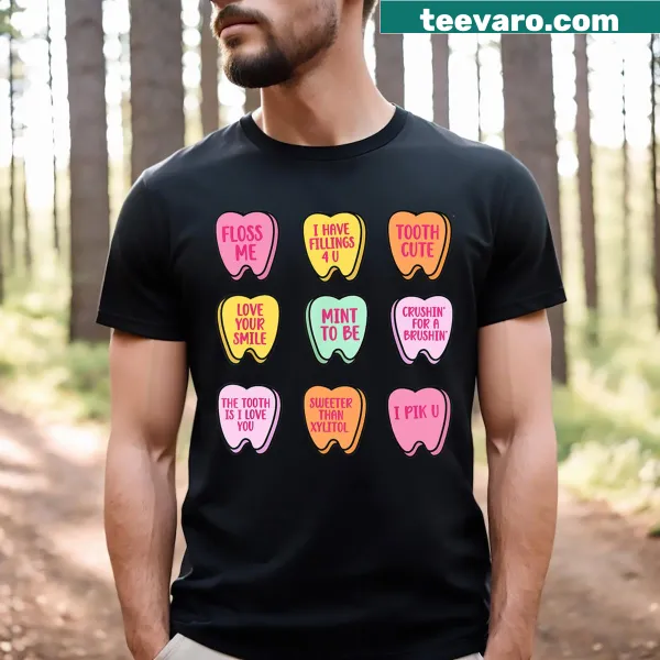 Retro Valentine's Day T-shirt with dental and candy graphics