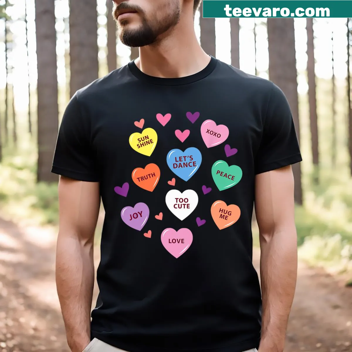 Valentine's Day shirt featuring heart-shaped candy graphics — on a men's t-shirt