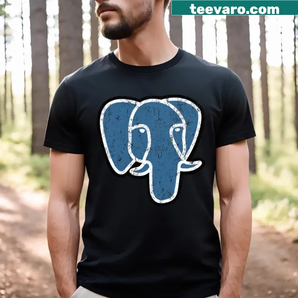 Vintage PostgreSQL logo displayed on a t-shirt