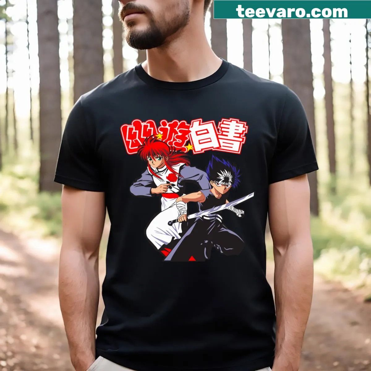 Anime fanart t-shirt featuring characters from Yu Yu Hakusho — on a men's t-shirt