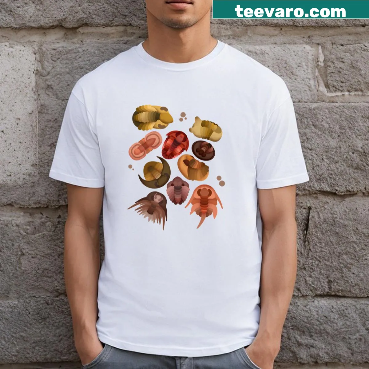 Illustrated t-shirt depicting 10 orders of trilobites — on a men's t-shirt