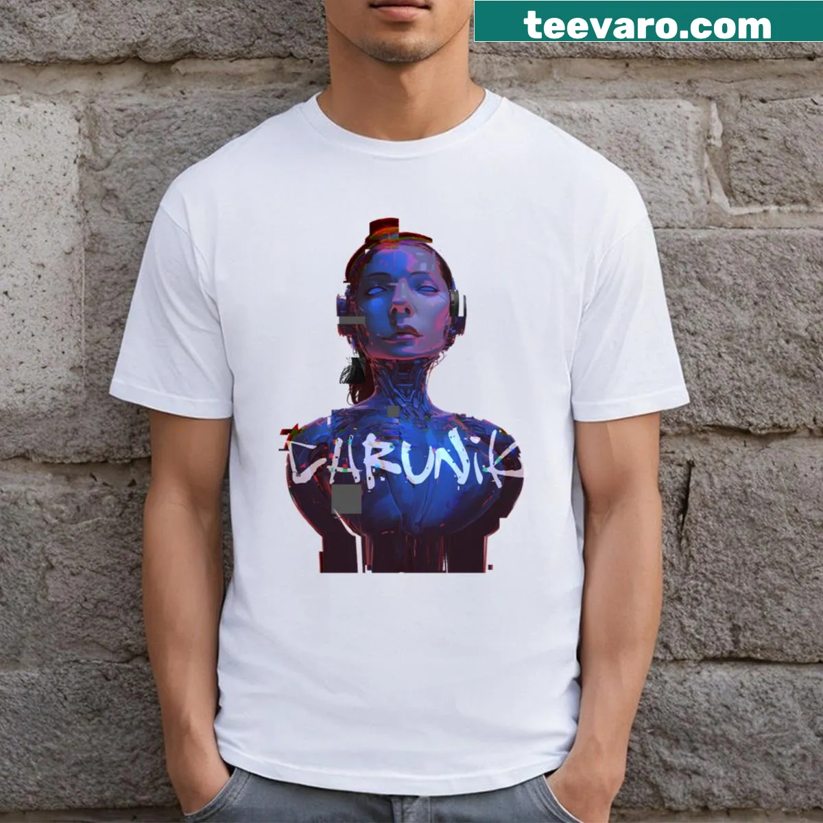 Robotic woman illustration t-shirt with glitch design — on a men's t-shirt