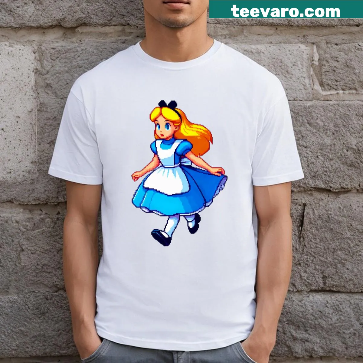 8-bit style Alice in Wonderland illustration on t-shirt — on a men's t-shirt